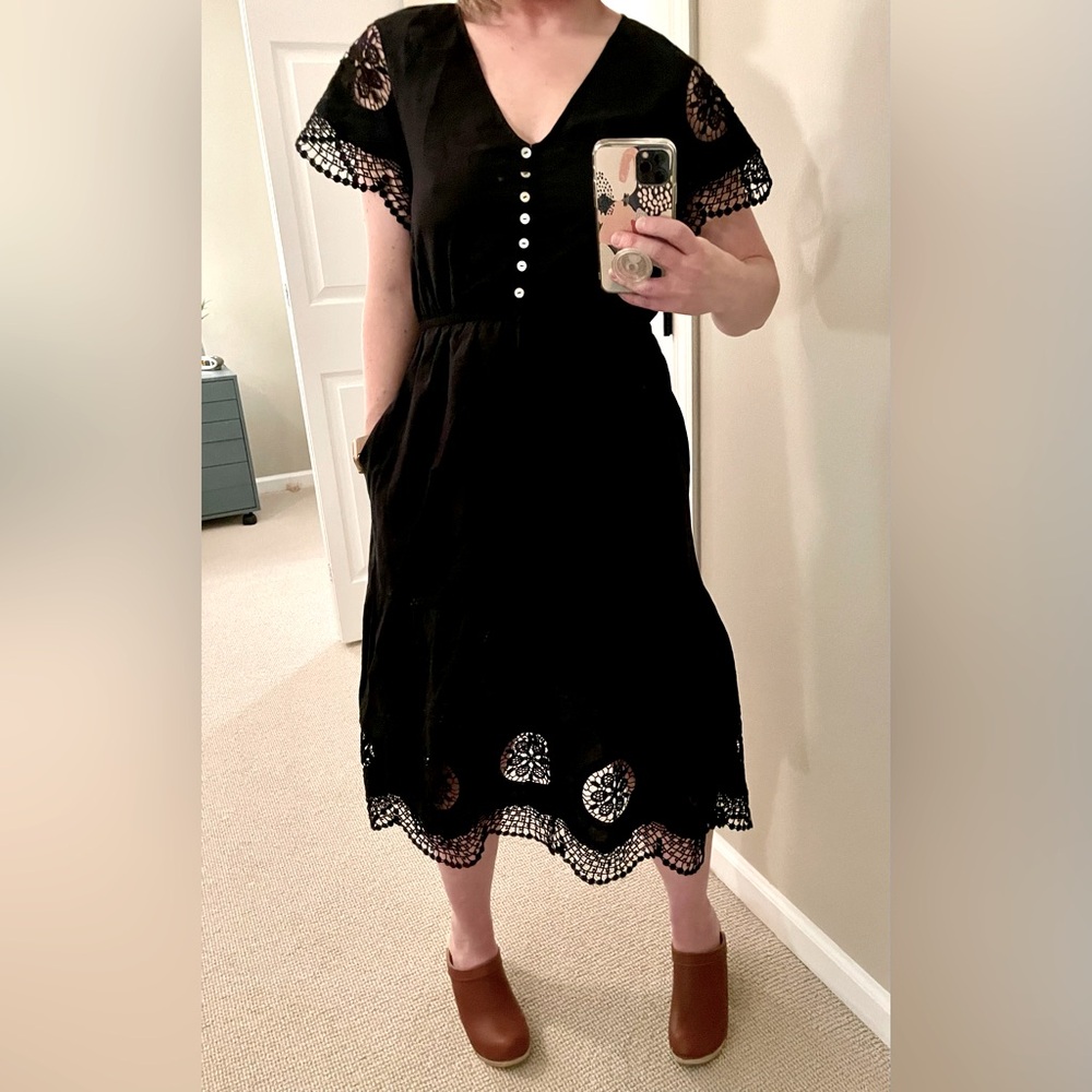 All the Wild Roses Embroidered Crochet Black Dress, Size US 4/AU 8